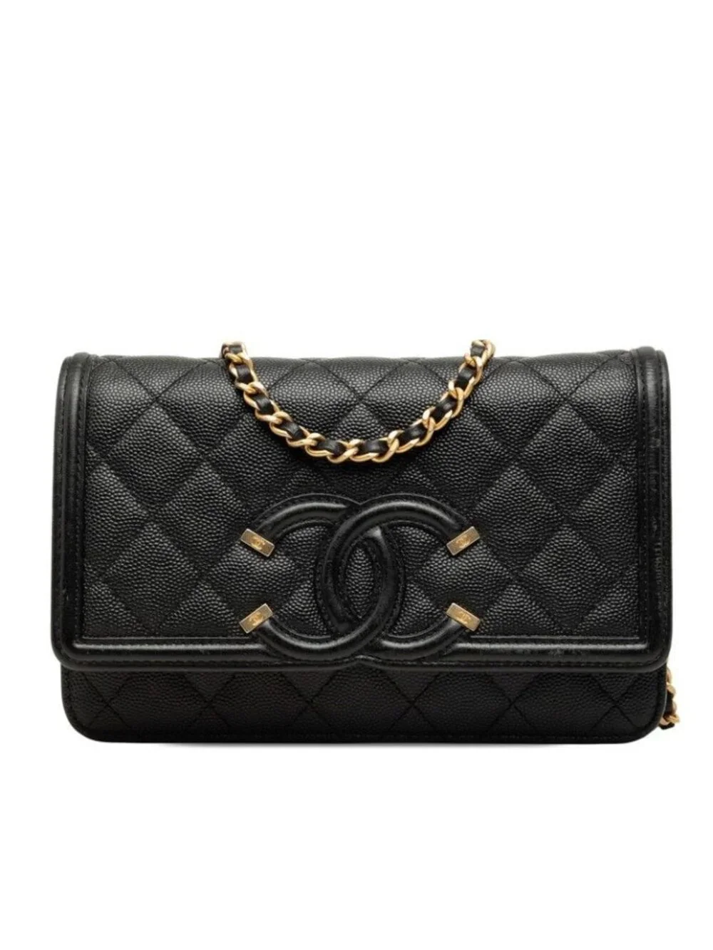 Chanel CC Filigree CC Logo Chain Shoulder Bag Wallet Black Caviar Leather